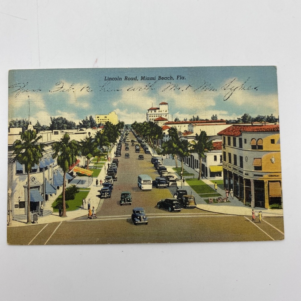 Vintage Miami Beach Florida Postcard‎ Lincoln Road Aerial View Curteich Art FL